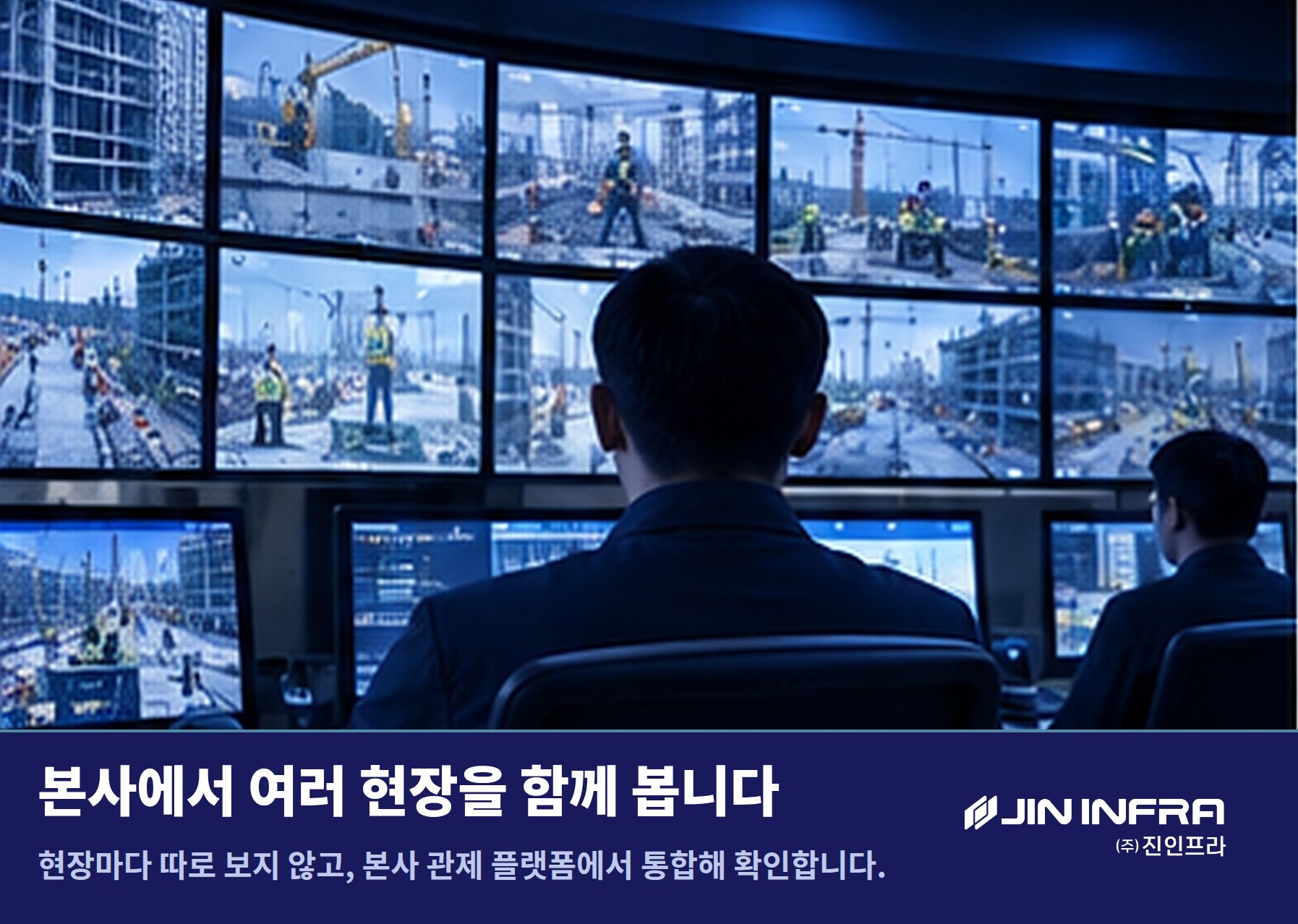 본사에서 여러 현장을 12분할 화면으로 통합 관제하는 모습